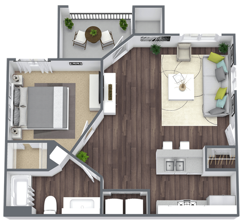 Floor plan for 1 bed, 1 bath, 651 sqft